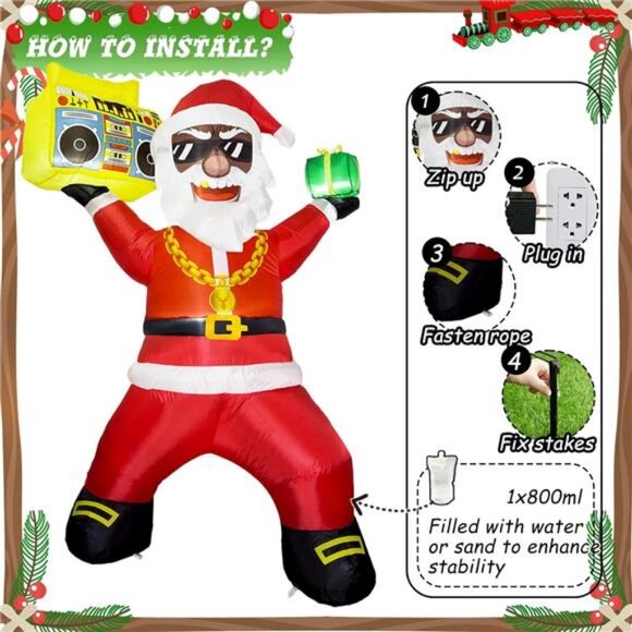 6FT Black Santa Blow up Yard Decoration with Gift Box and Speaker LED Lights - Picture 4 of 7